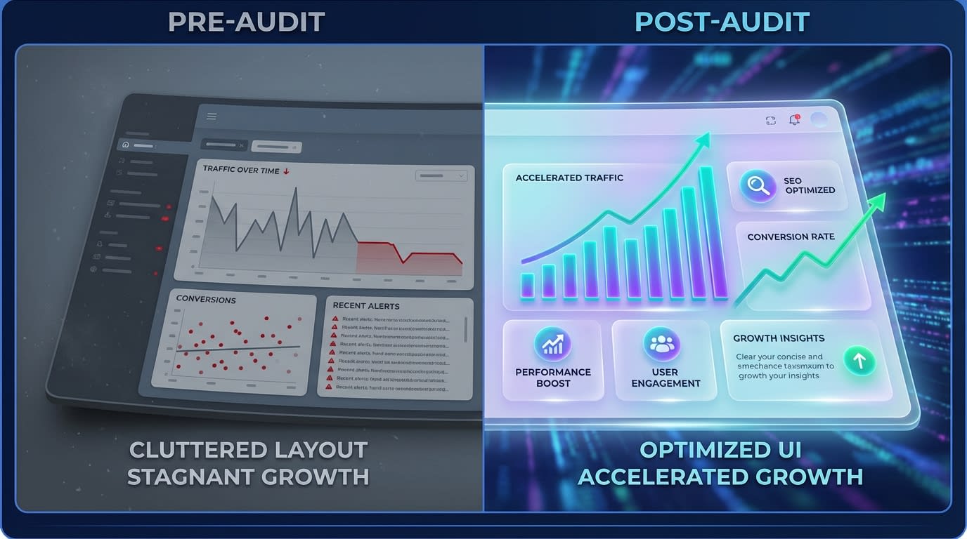 Analytics dashboard comparing pre-audit and post-audit conversion metrics