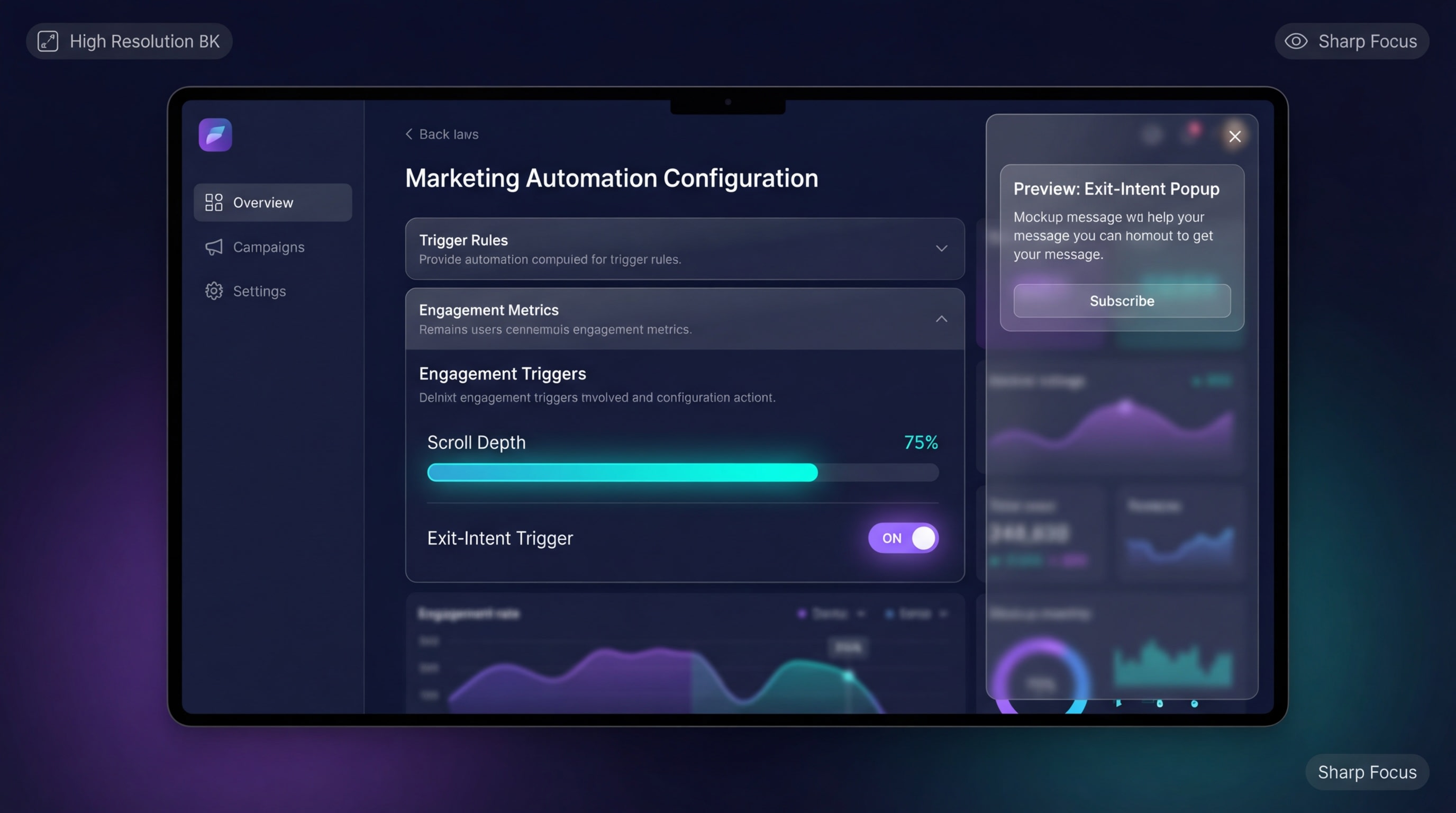 Analytics dashboard showing scroll-depth and exit-intent triggers configured for a sidebar popup