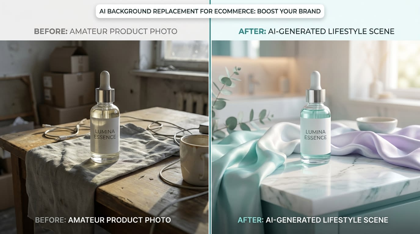 Before and after showing uneven product backgrounds replaced by a uniform AI-generated lifestyle scene