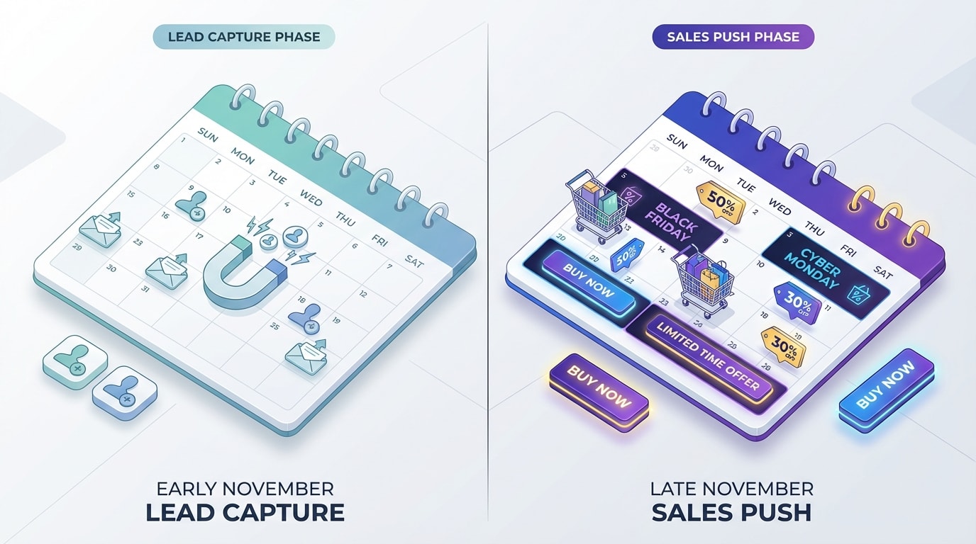 Calendar illustration showing early November lead capture vs late November sales push
