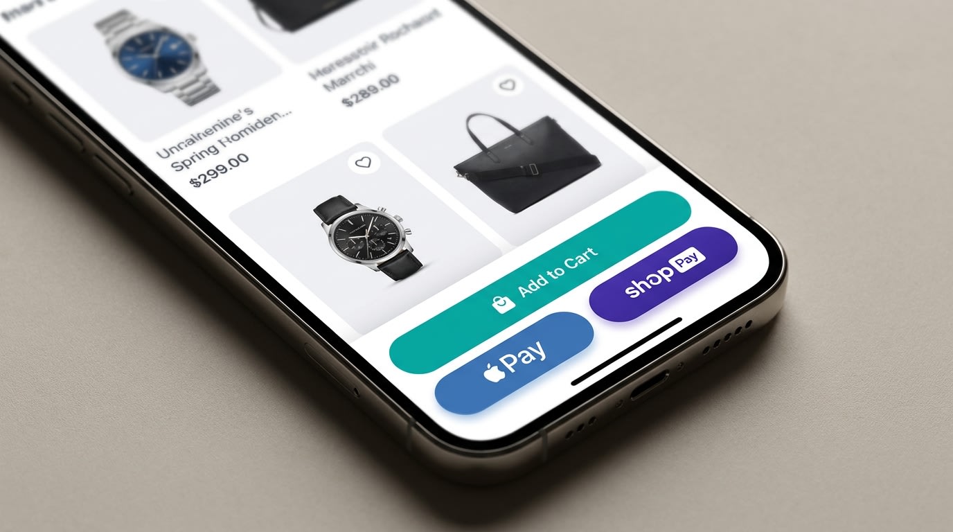 Close up of a mobile screen showing a sticky add to cart bar perfectly aligned above Apple Pay and Shop Pay buttons