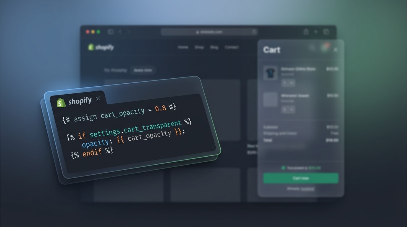 Code snippet interface showing Shopify Liquid file edits for cart transparency