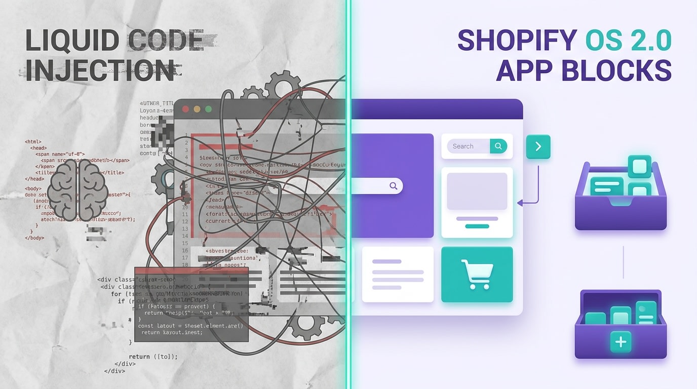 Comparison between bloated Liquid code injection and clean Shopify OS 2.0 App Blocks