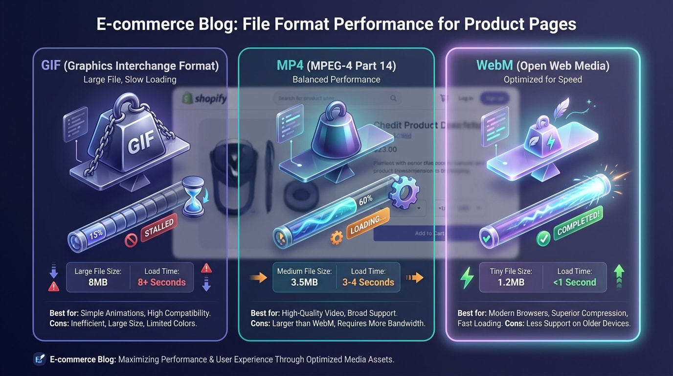 Comparison chart showing file size differences and loading speeds between MP4, WebM, and standard GIF formats for Shopify stores