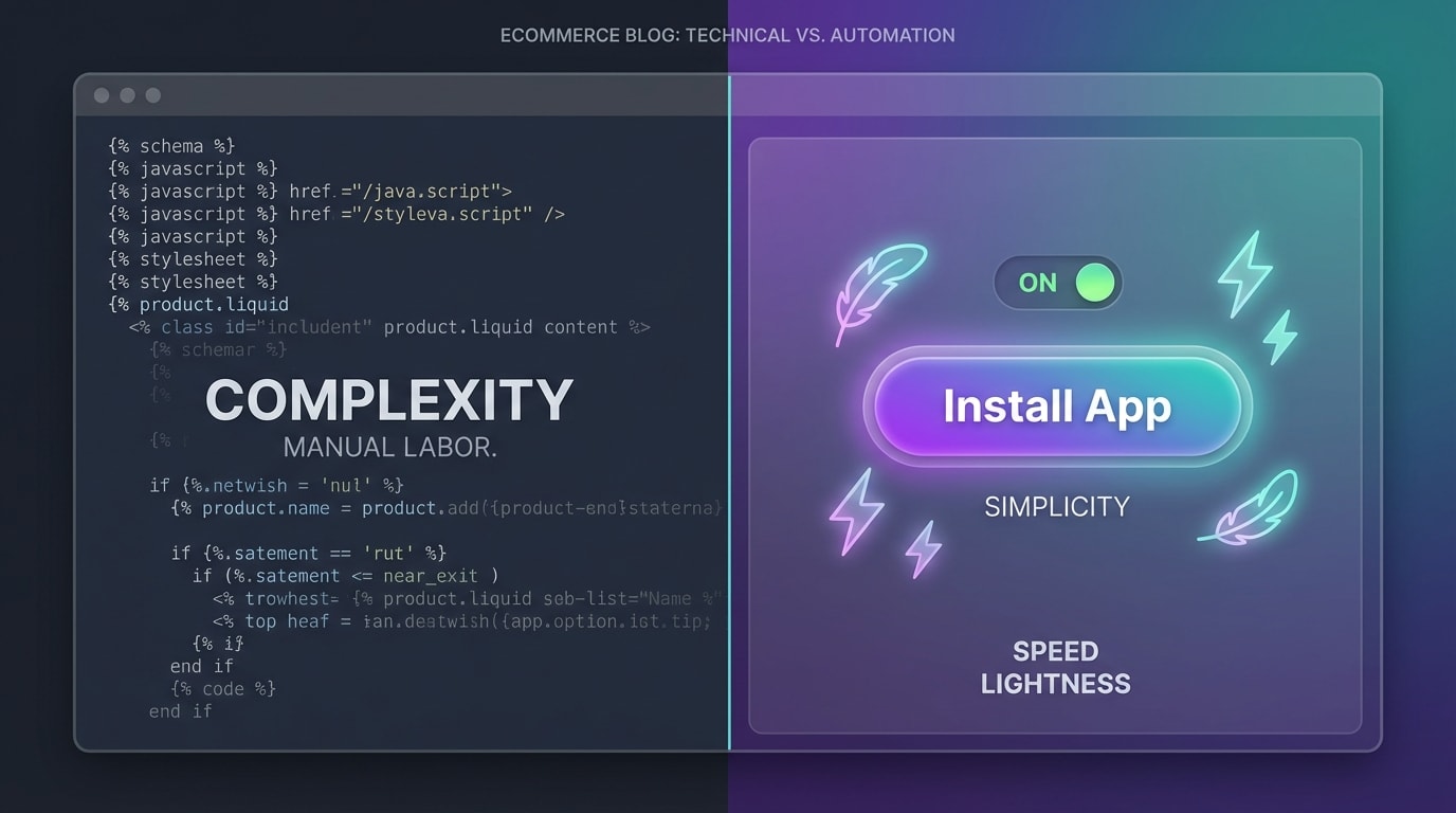 Comparison chart showing the difference between custom Shopify Liquid coding and installing a lightweight popup app