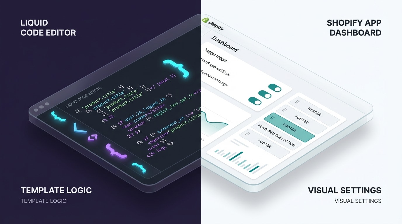 Comparison graphic showing Liquid code brackets next to a Shopify app dashboard interface