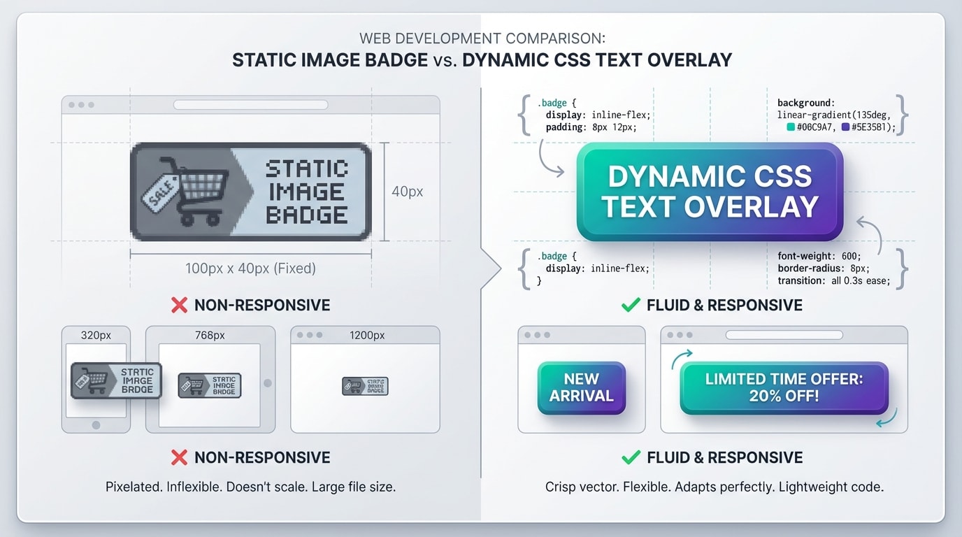 Comparison showing a static image badge versus a dynamic CSS text overlay adjusting to different word lengths