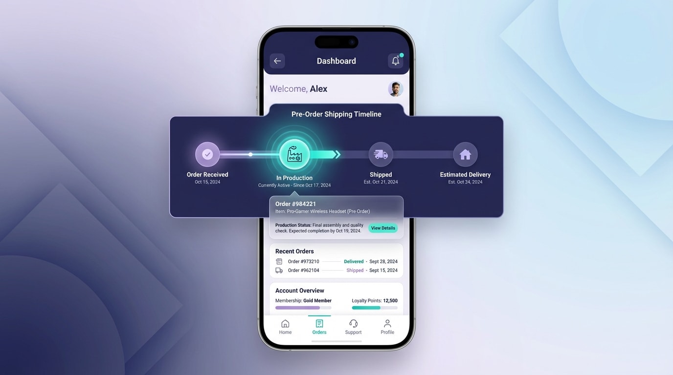 Customer account page on mobile showing a dynamic pre-order shipping timeline widget