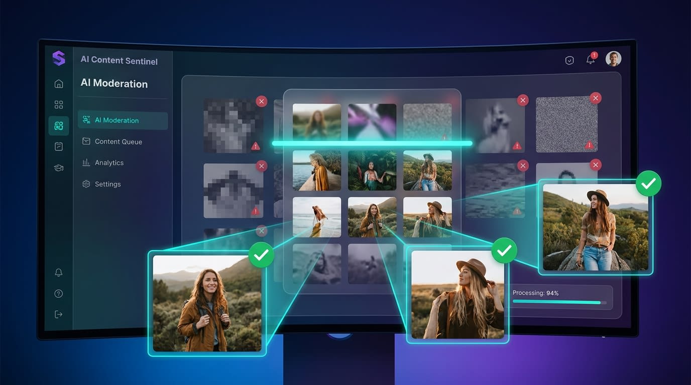 Dashboard interface showing AI filtering out low-quality images and highlighting human-authentic content
