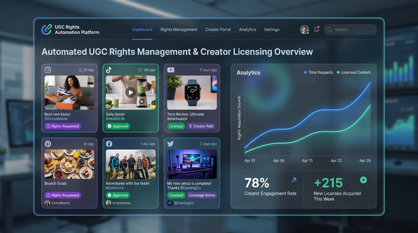 Dashboard interface showing automated UGC rights management and creator licensing