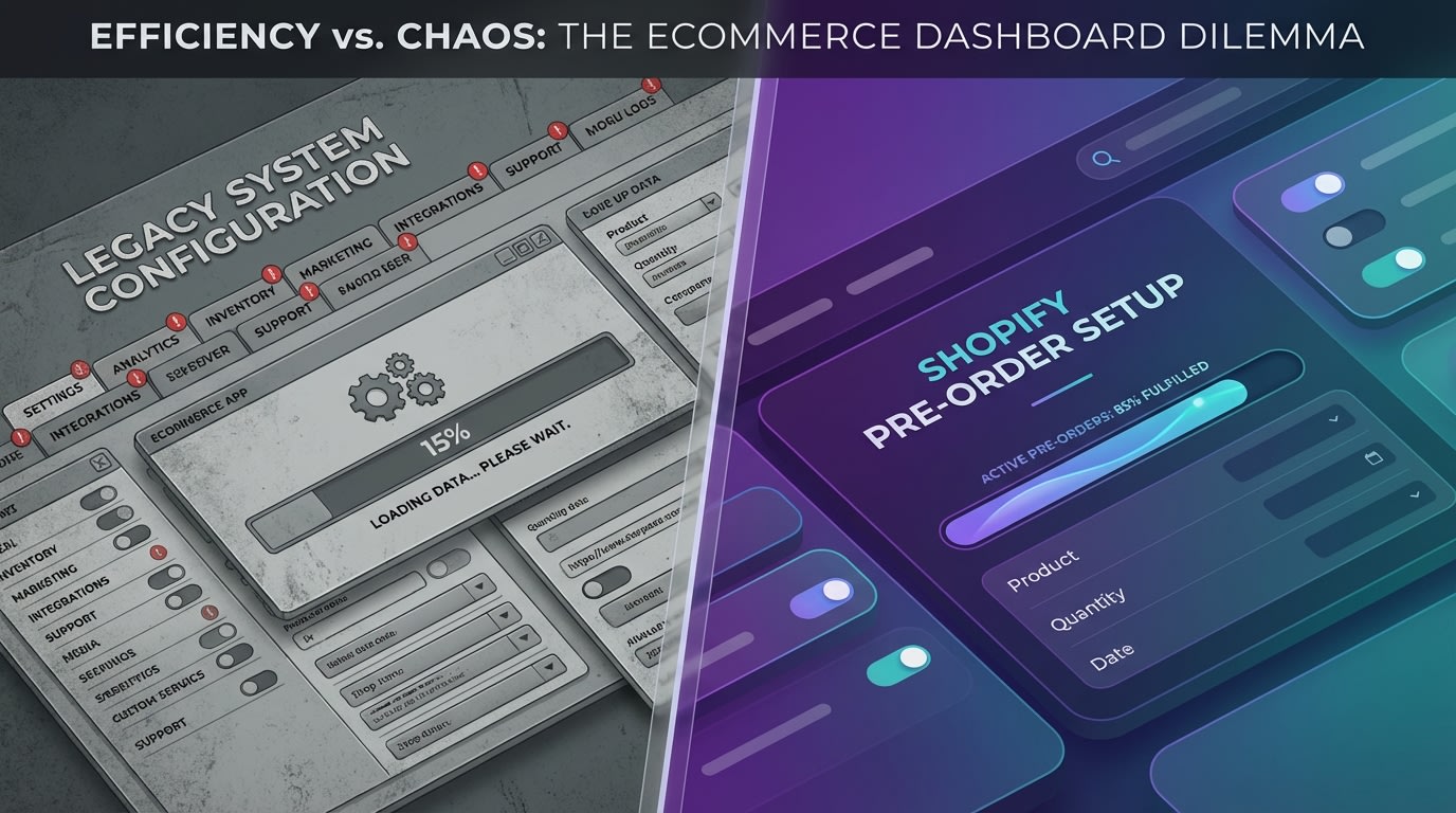 Dashboard view comparing a lightweight Shopify pre-order setup versus a bloated app configuration