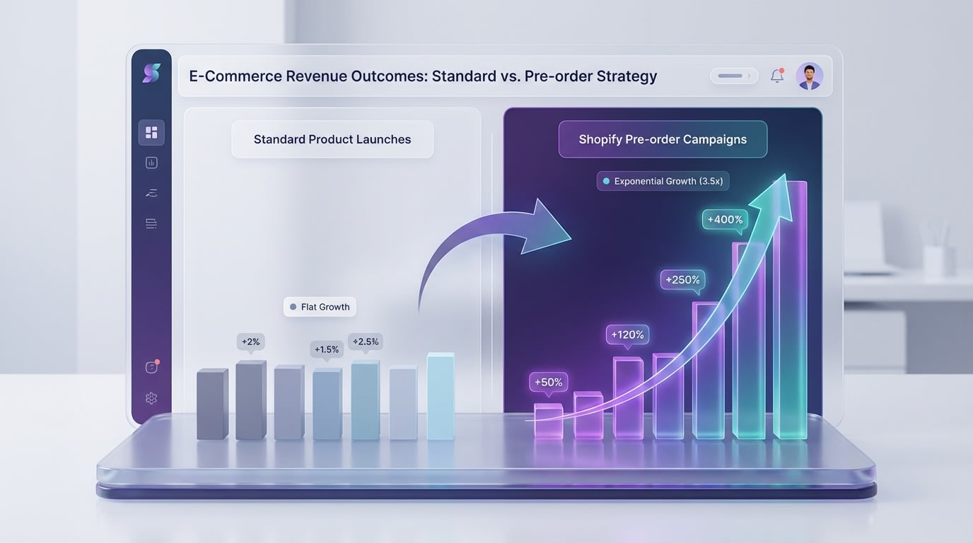 Data visualization chart showing the massive revenue growth of Shopify pre-order campaigns versus standard product launches