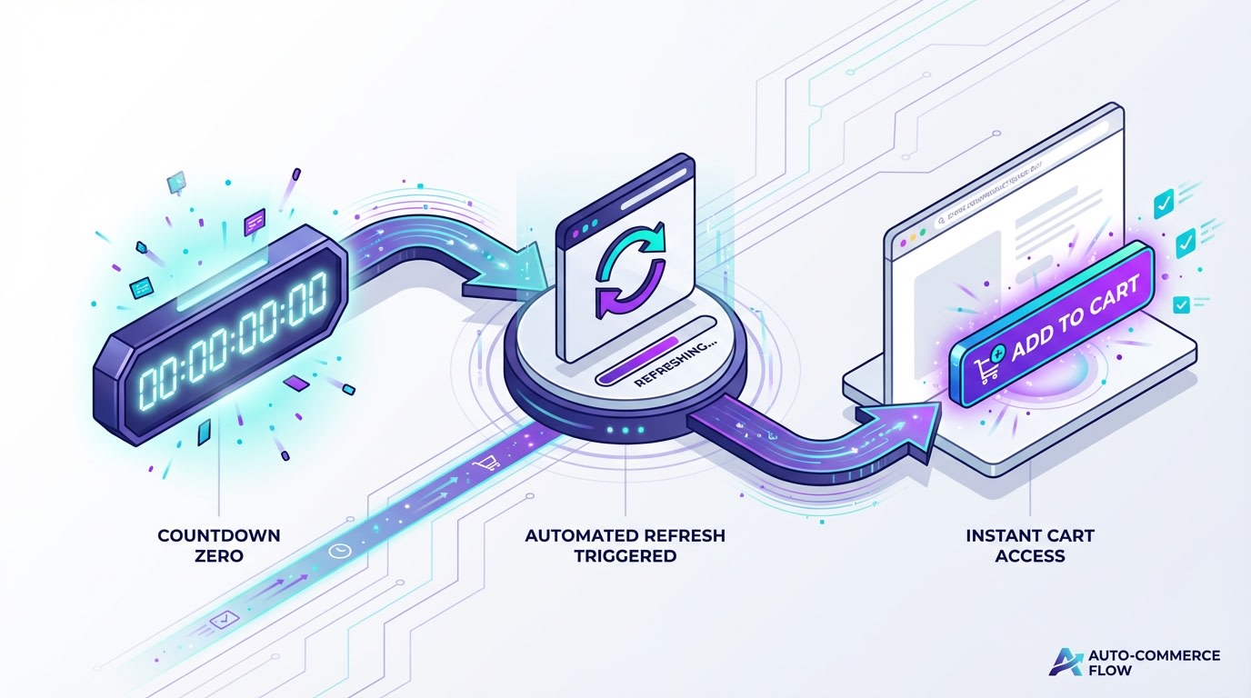 Flowchart showing the automation of a timer hitting zero and a page refreshing to an Add to Cart button