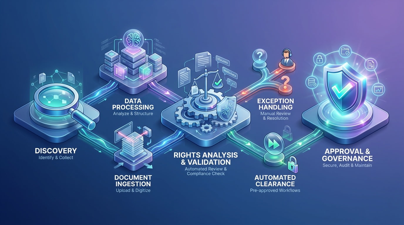 Flowchart showing the legal rights management process from discovery to approval