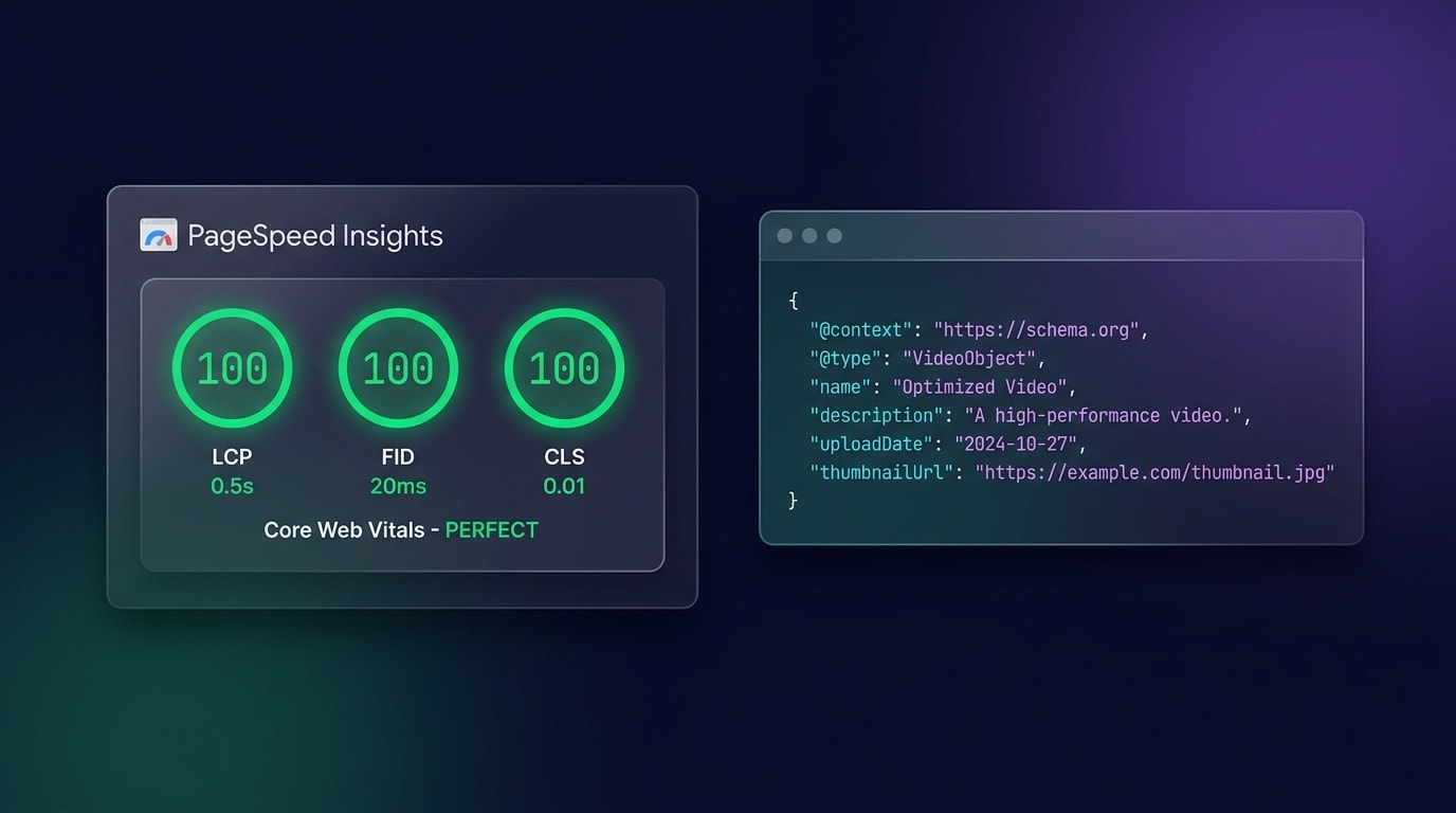 Google PageSpeed Insights dashboard showing optimized Core Web Vitals alongside a Video Schema code snippet