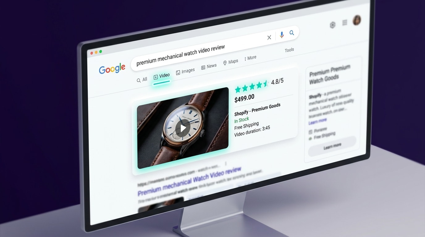 Google Search results showing a rich snippet Video tab for a Shopify product