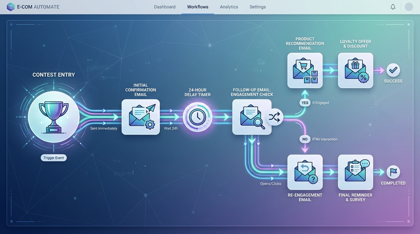 Graphic showing an email automation workflow in Klaviyo triggered by a contest entry