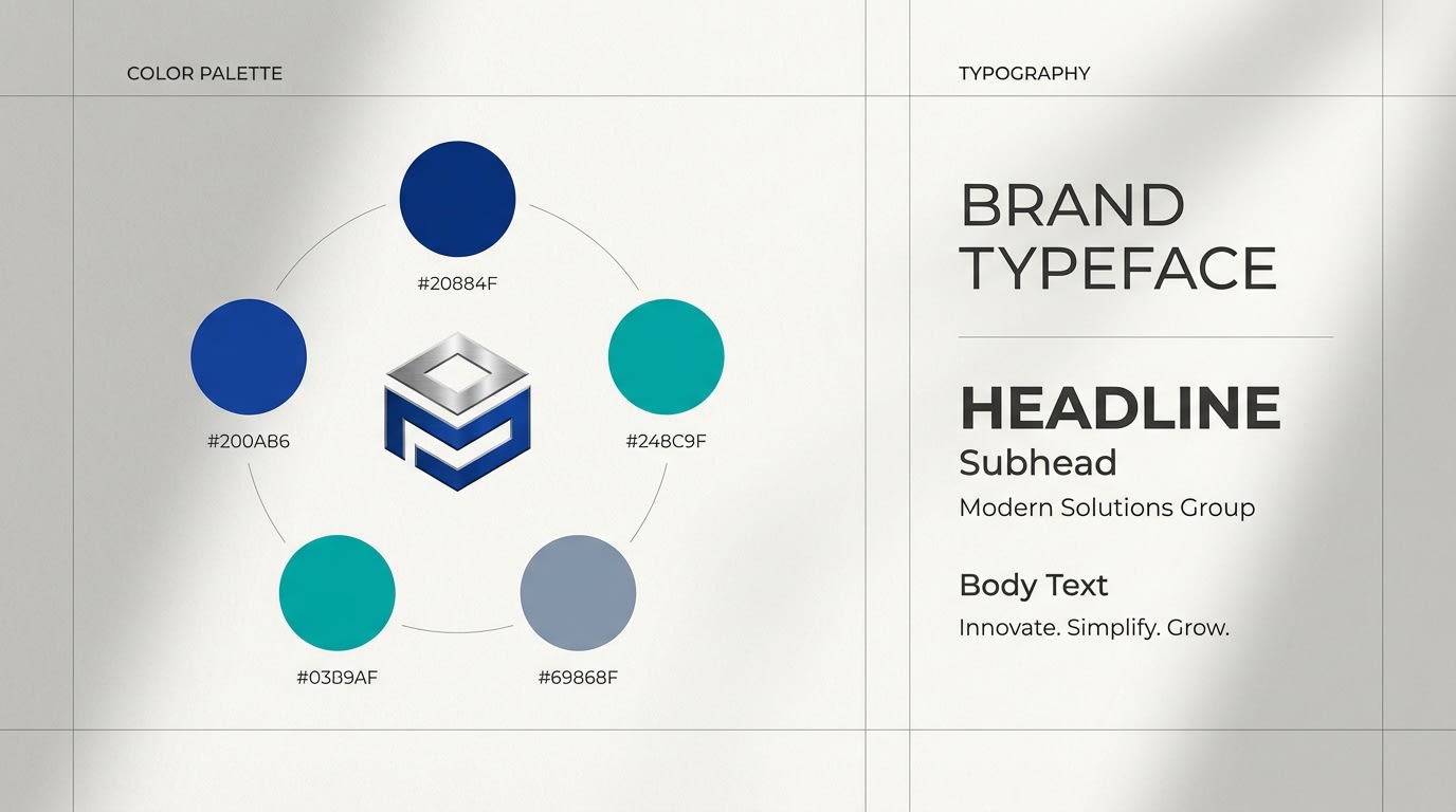 Graphic showing color palettes and typography matching a central brand logo