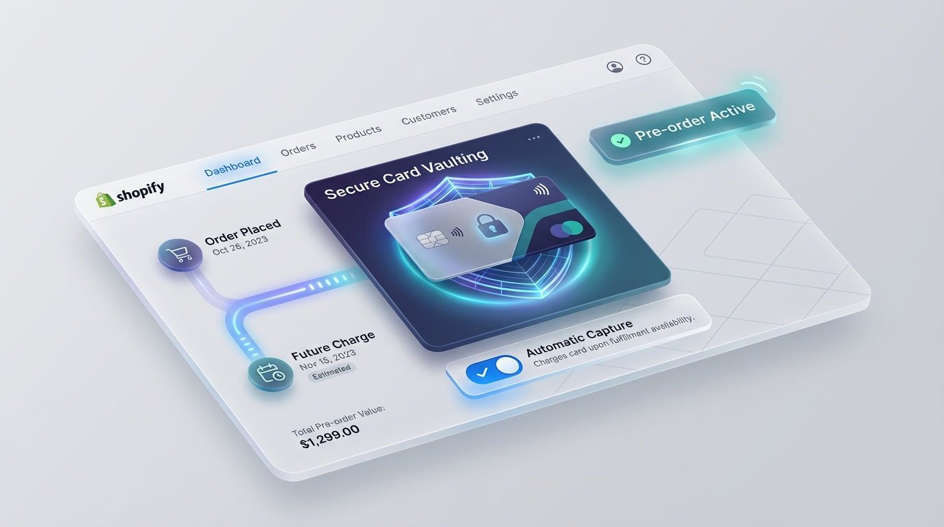 Interface of a Shopify Pre-order app automatically vaulting a customer credit card for later charge