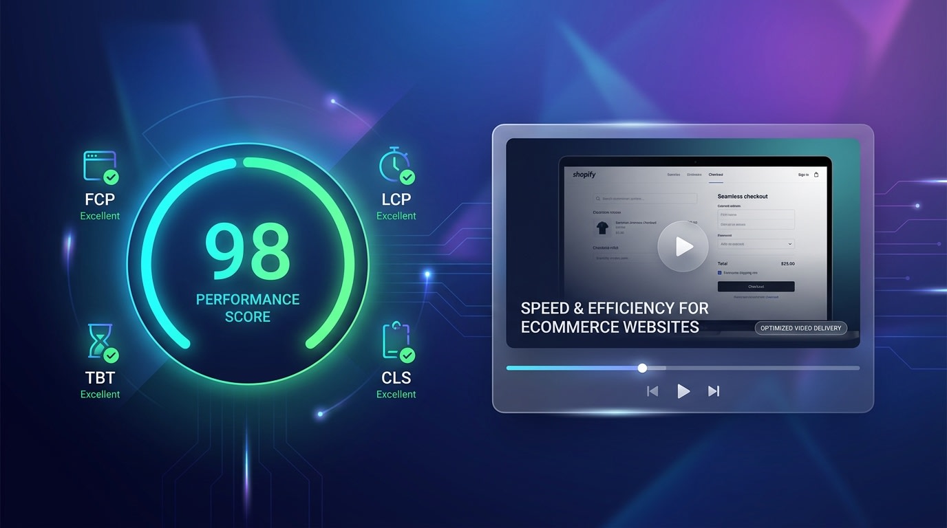 Lighthouse performance score graphic showing a 95+ speed rating alongside a video widget