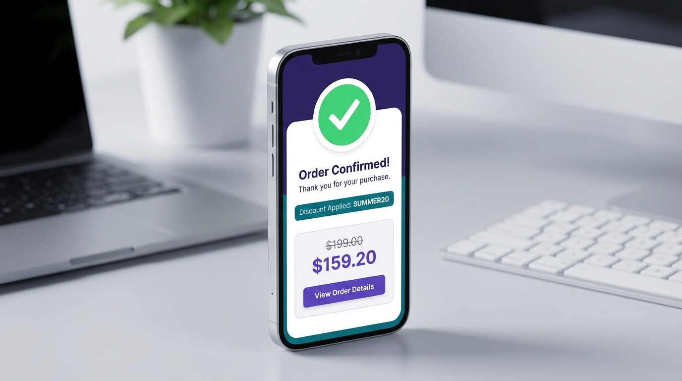 Mobile mockup of a 1 click popup shopify showing a success state with an auto-applied discount