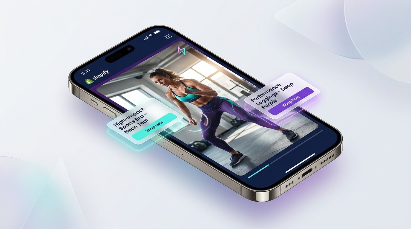 Mobile mockup of a Shopify fitness store showing a seamless shoppable video feed without buffering