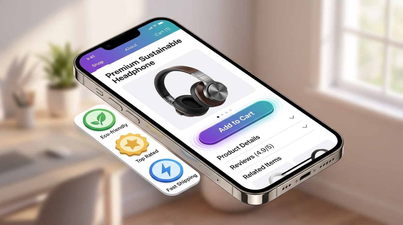 Mobile phone displaying a fast-loading Shopify product page with custom badges