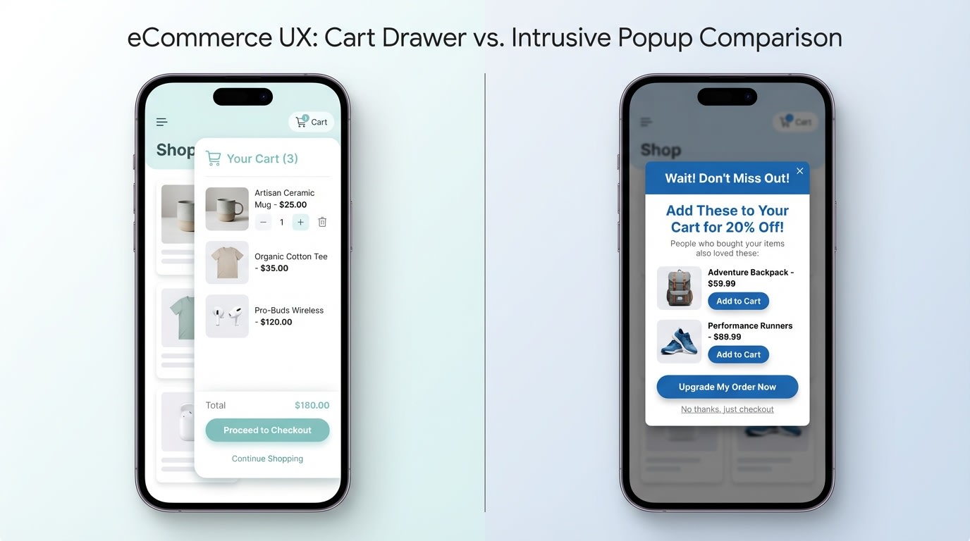 Mobile split screen showing a Shopify cart drawer sliding in on the left versus a traditional center-screen upsell popup on the right
