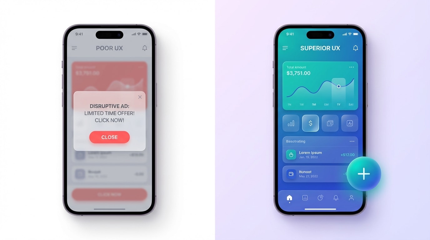 Mobile view comparison of a disruptive modal popup vs a subtle floating action button in the bottom right corner