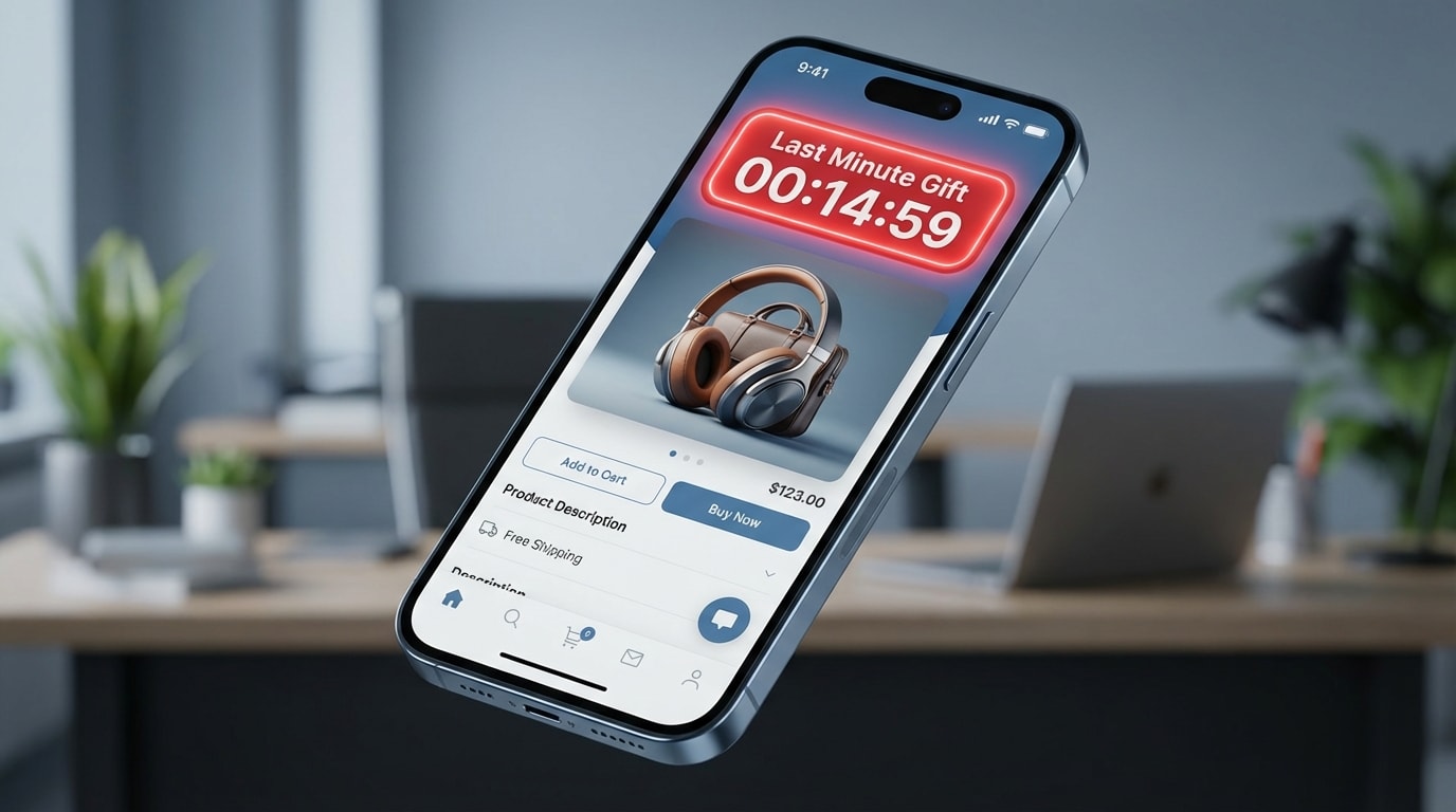 Mobile view of a Shopify product highlighting a red Last Minute Gift badge with a countdown timer