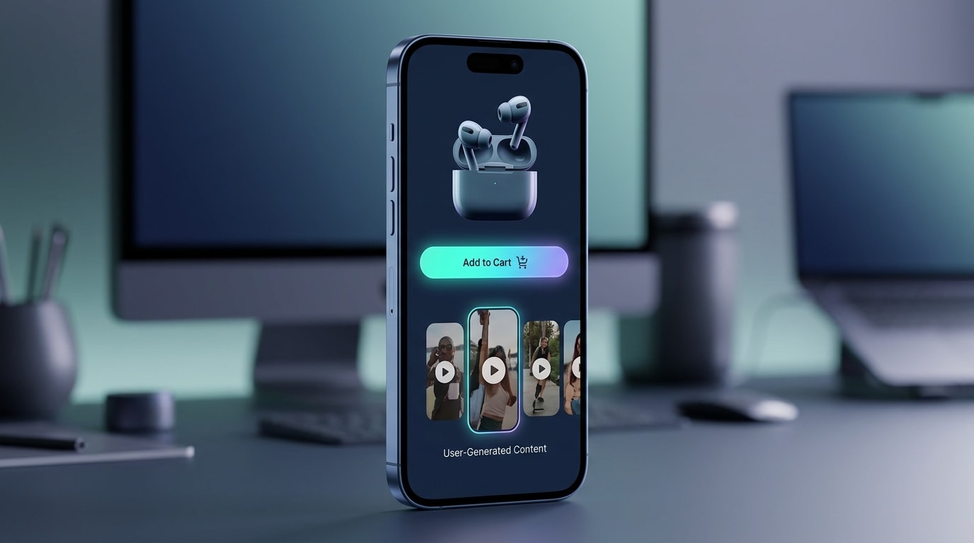 Mobile view of a Shopify product page featuring a TikTok-style vertical video carousel below the add to cart button