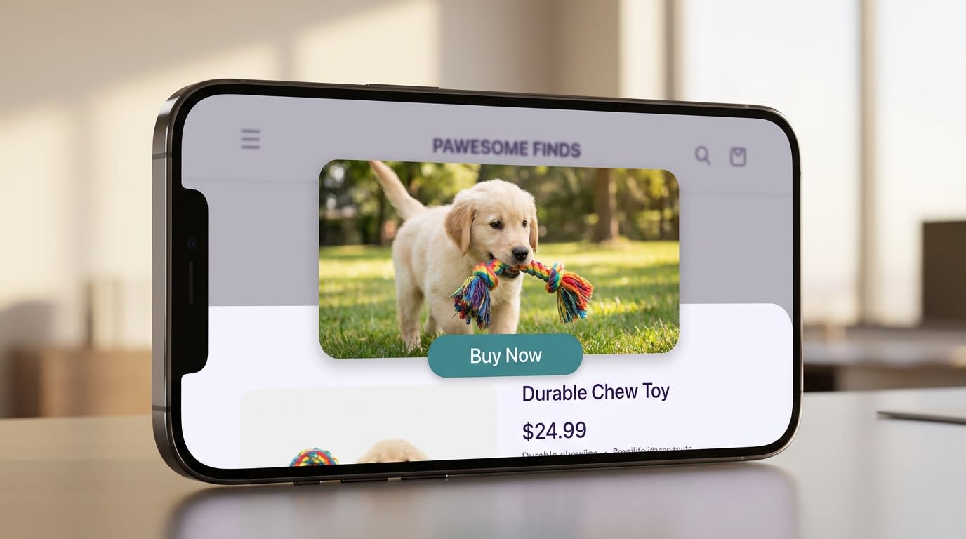 Mobile view of a Shopify product page showing a shoppable video popup with a "Buy Now" button layered over a dog playing with a toy