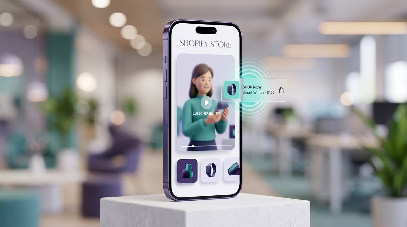 Mobile view of a Shopify store featuring a customer review video with a clickable product tag