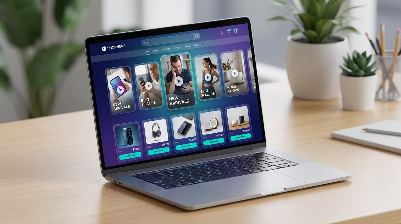 Mockup of a Shopify store with a TikTok-style infinite scroll video feed integrated into the homepage