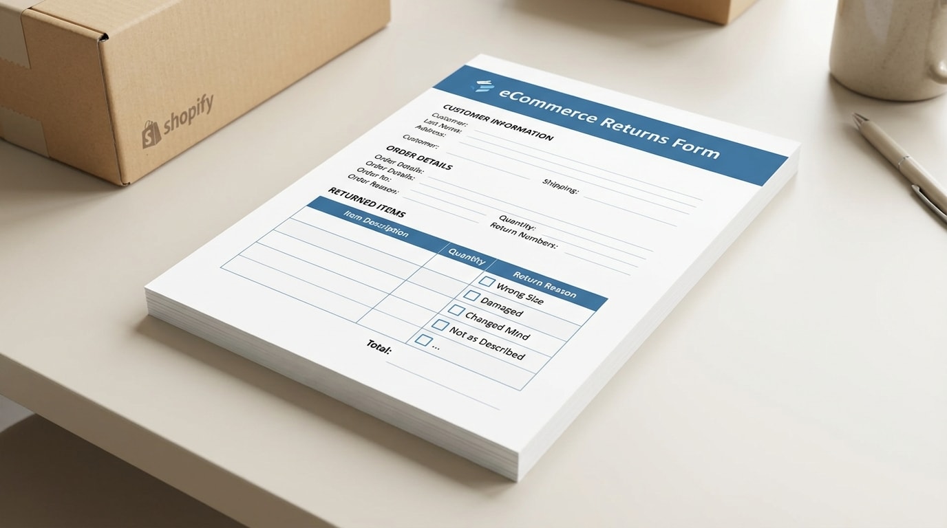 Preview of a clean, professional printable returns form template PDF for Shopify packages