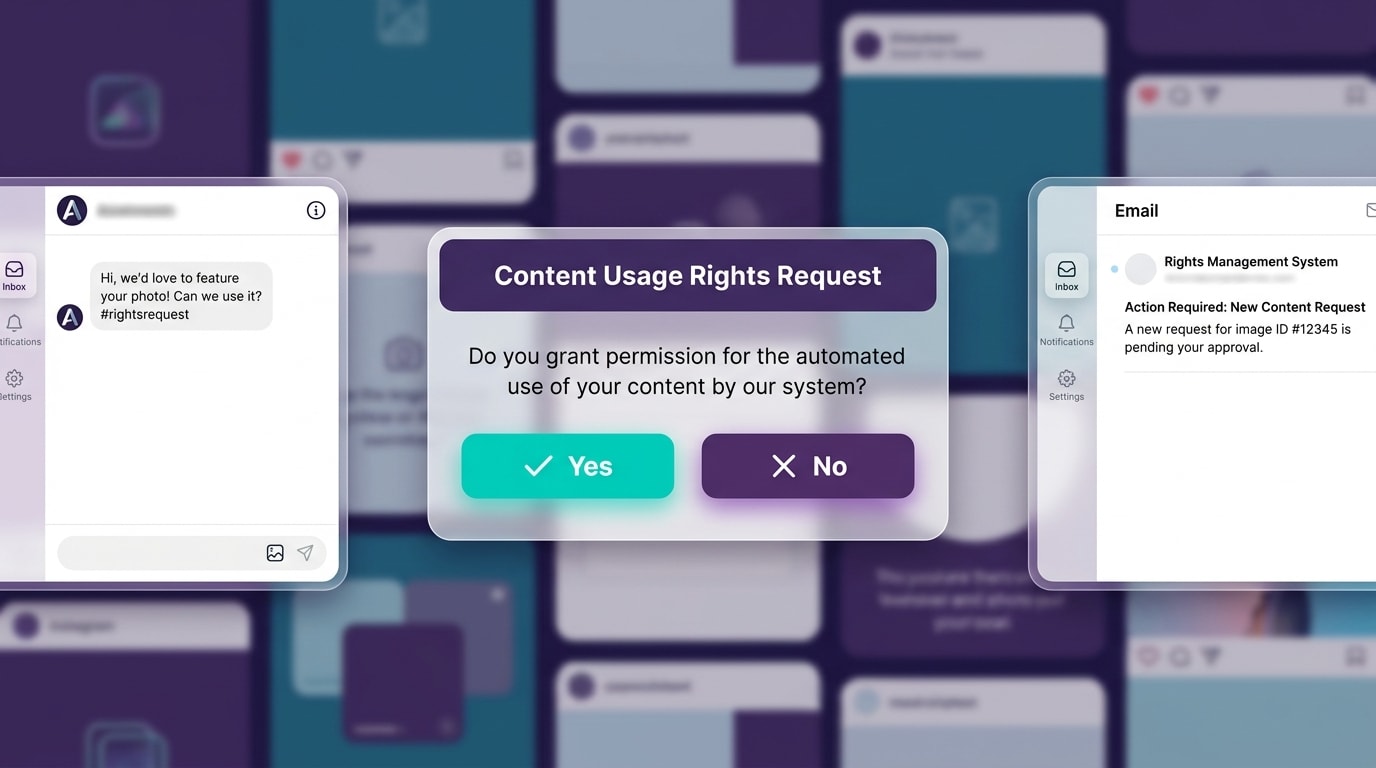 Screenshot of an automated Instagram DM or email requesting usage rights from a customer with a clear Yes/No prompt