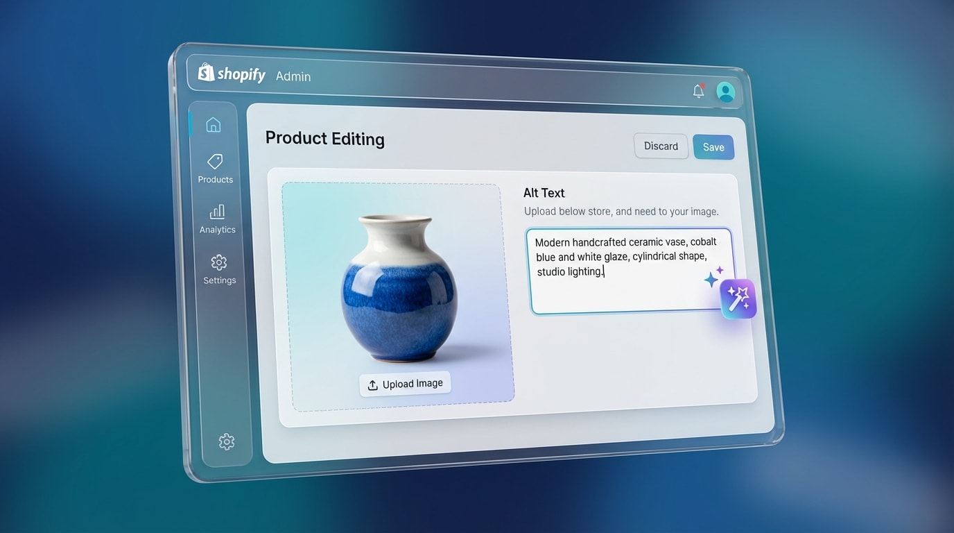 Screenshot of Shopify admin panel showing automated alt-text generation using Shopify Magic AI