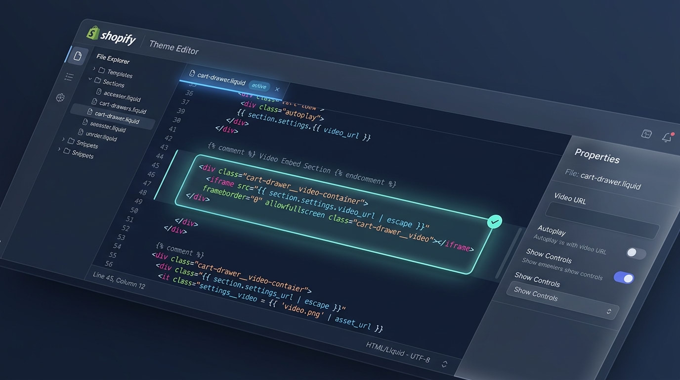 Screenshot of Shopify Theme Editor showing cart-drawer.liquid file with highlighted video embed snippet
