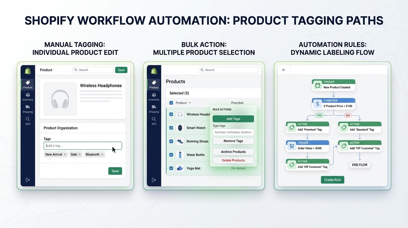 Shopify admin dashboard showing three different workflows for adding product labels and tags