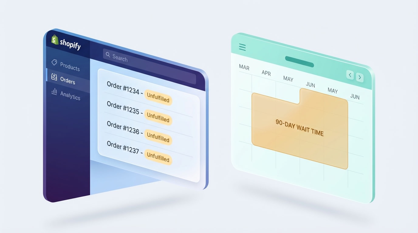 Shopify admin dashboard showing unfulfilled orders next to a calendar highlighting a 90-day wait period