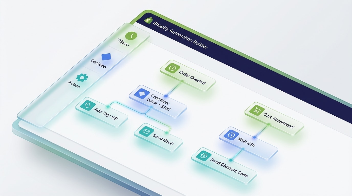 Shopify admin dashboard showing a visual, no-code builder with branching logic paths
