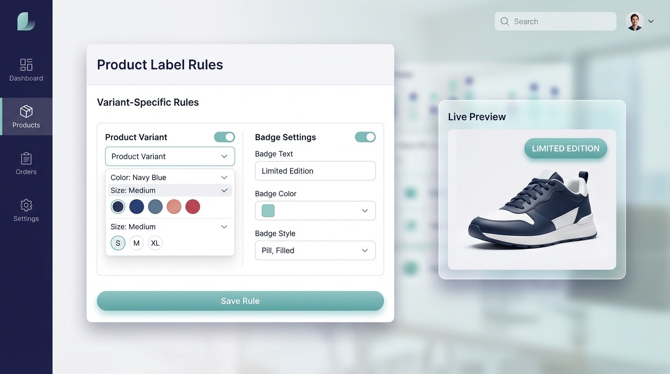 Shopify admin dashboard showing variant-specific rules for displaying product labels