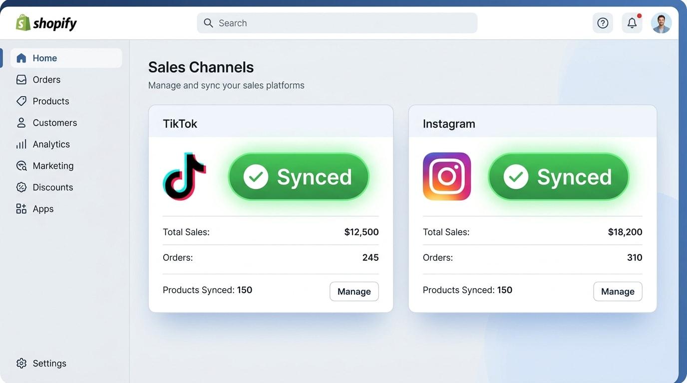 Shopify admin dashboard showing connected TikTok and Instagram accounts with a green 'Synced' status