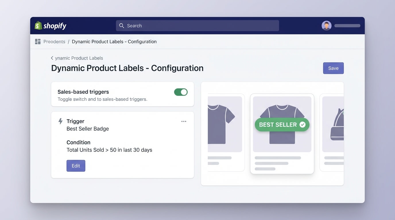 Shopify admin interface showing the setup of a dynamic product label rule based on recent sales data