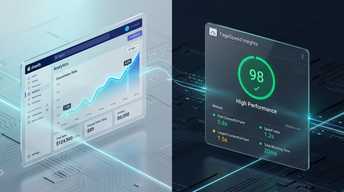 Shopify analytics dashboard showing conversion rates juxtaposed with Google PageSpeed Insights mobile score