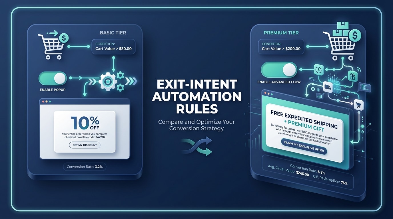 Shopify dashboard showing different exit intent popup rules based on 50 dollar vs 200 dollar cart values