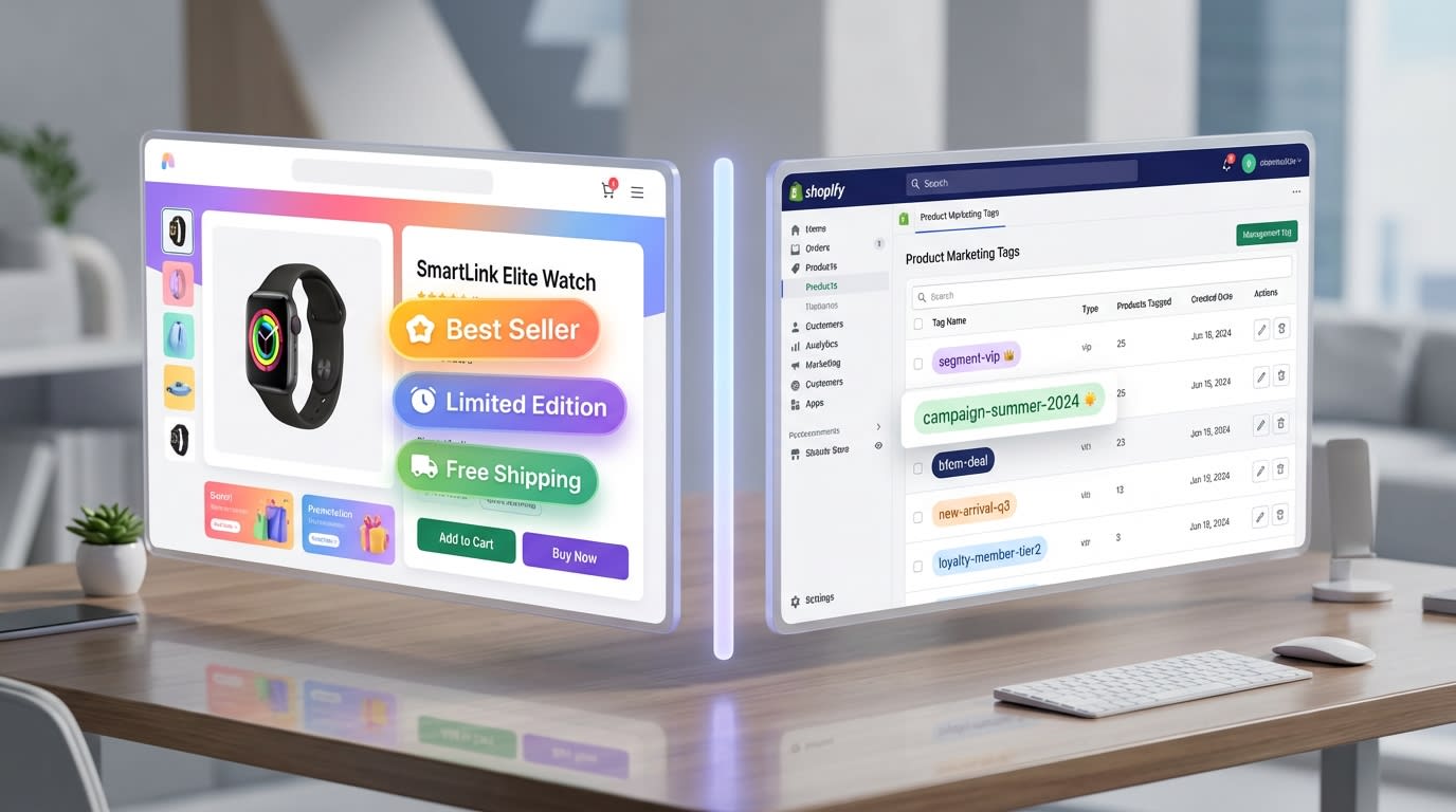 Shopify dashboard showing the difference between storefront visual badges and backend marketing tags