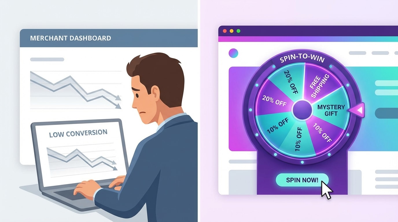 Shopify merchant analyzing a dashboard showing low popup conversion rates next to a modern interactive spin-to-win wheel design