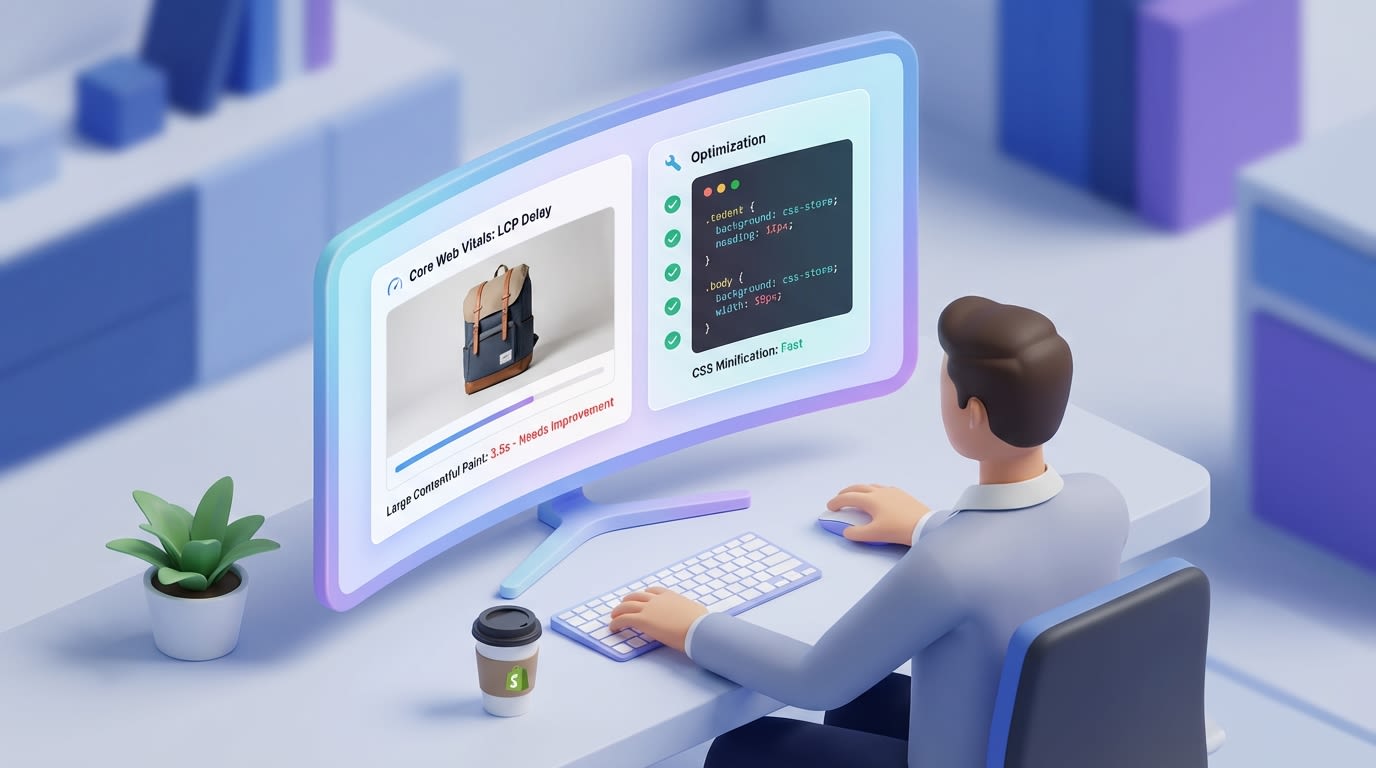 Shopify merchant analyzing Core Web Vitals dashboard comparing image load times to CSS code snippets