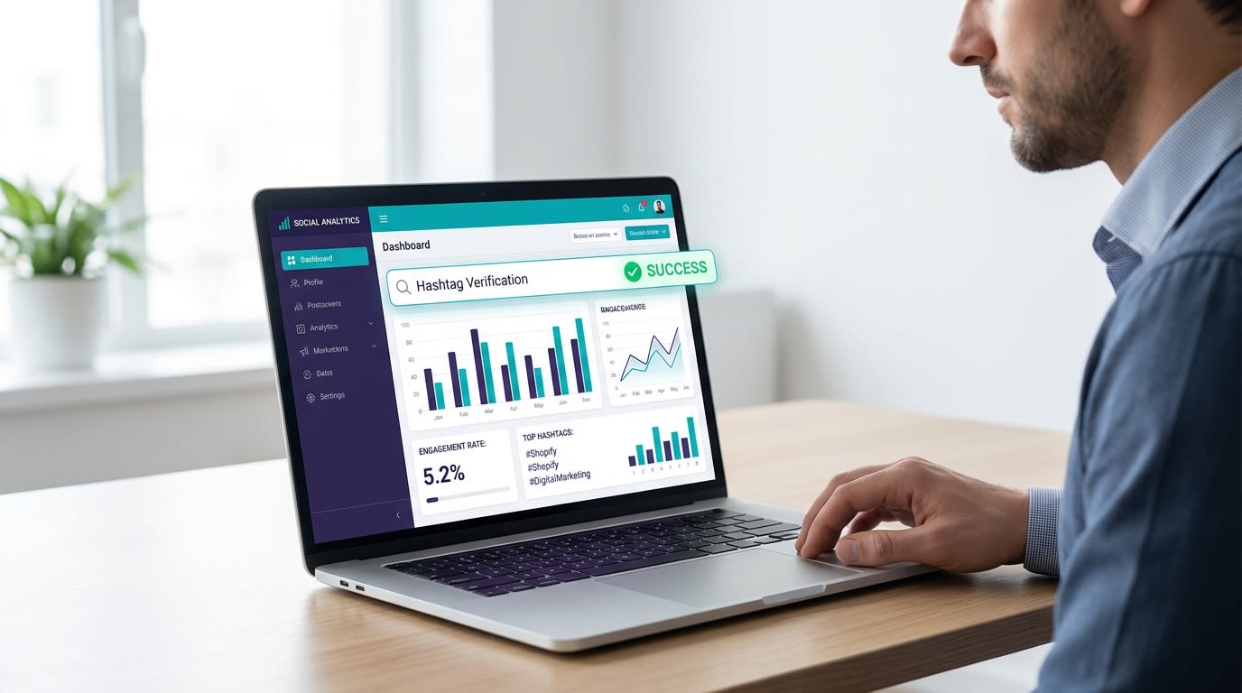 Shopify merchant checking social media analytics on a laptop to verify hashtag availability